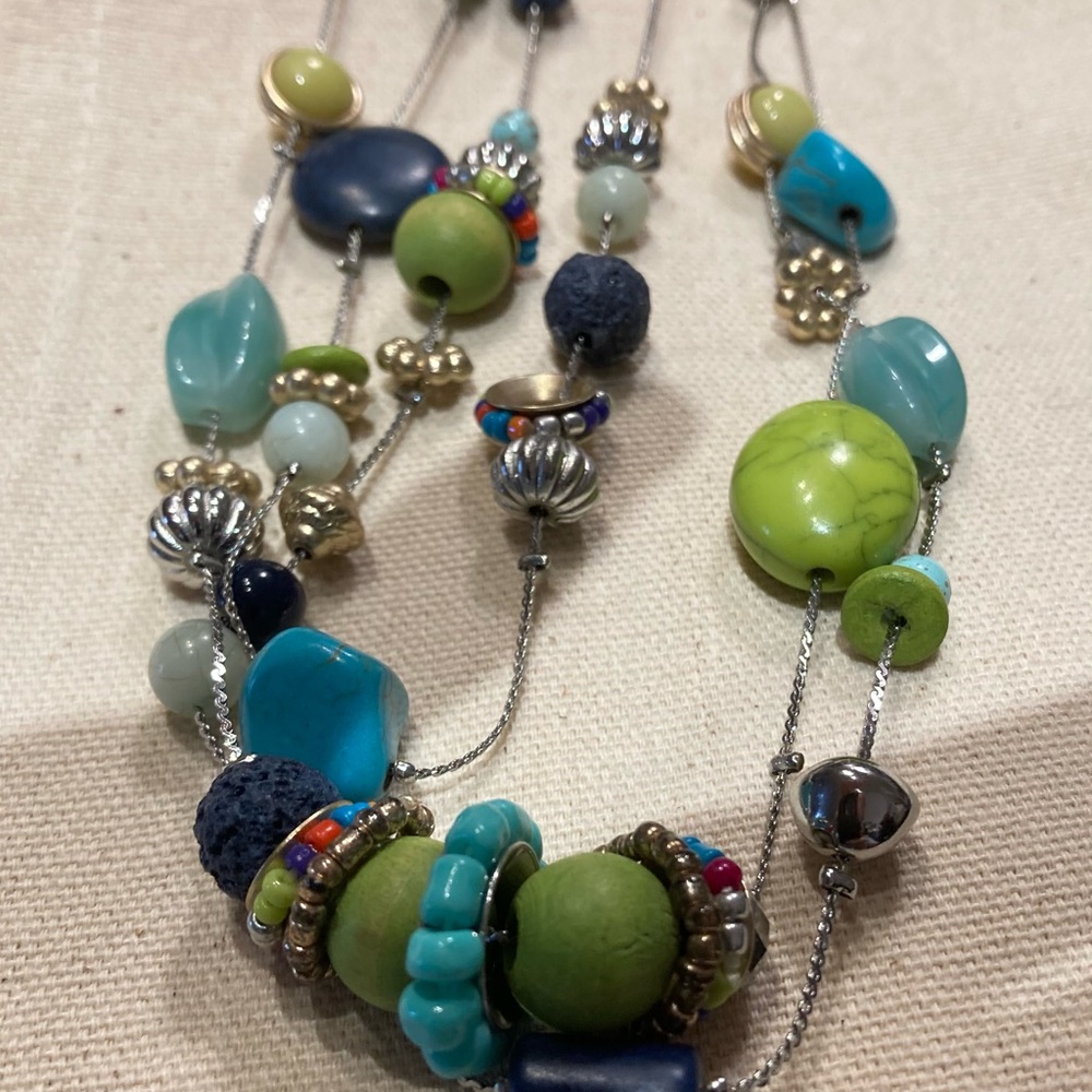 Chico's Multi-Strand Green, Turquoise & Navy Beaded Necklace